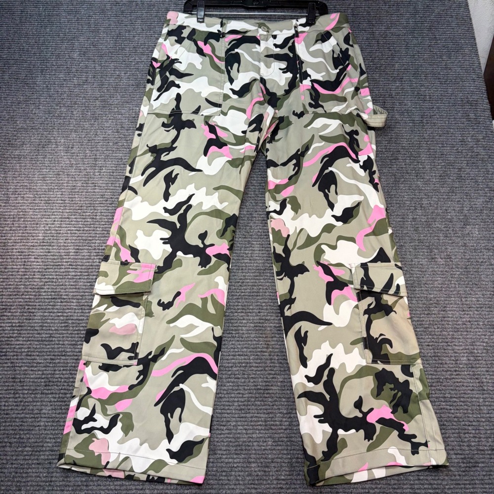 Flamingals Pink Green Camo Cargo Pants Womens XL Carpenter Wide Leg Streetwear